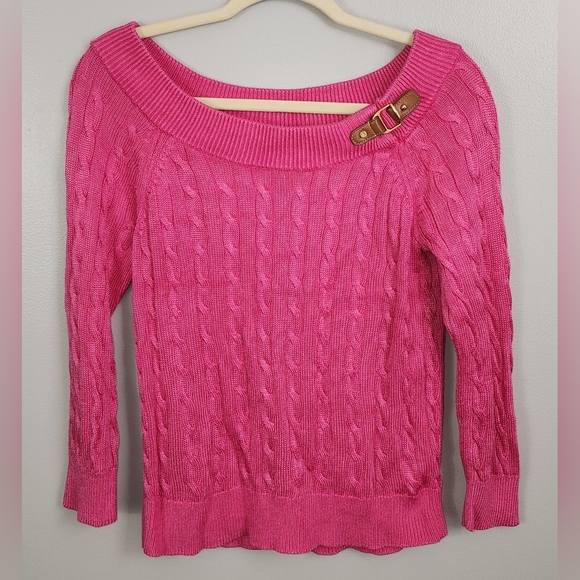 Lauren Ralph Lauren Pink Cable Knit Buckle Detail Sweater Size Small - Picture 7 of 11